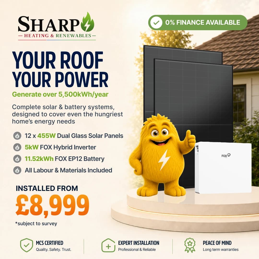 Sharp Solar and Battery package: 12 455W panels, FOX 5 kW hybrid inverter and 11.53 kWh FOX EP12 battery, installed from £8,999