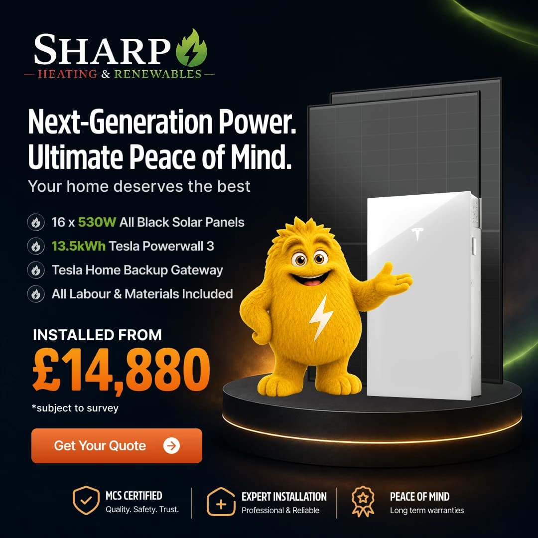 Sharp Tesla Powerwall 3 Flagship package: 16 530W all-black panels, 13.5 kWh Powerwall 3 and Tesla Backup Gateway, installed from £14,880